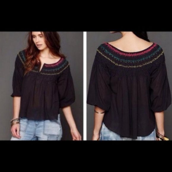 Free People Smocked Blouse Navy Combo NWOT - Picture 2 of 6